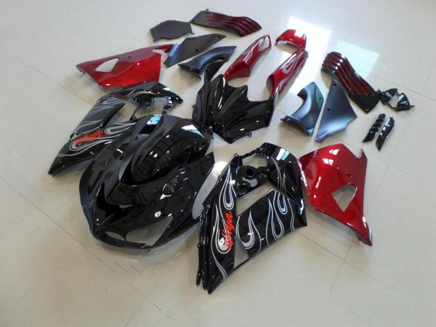 ZX14R ZZR 1400 06-11 Verkleidungen - Schwarze und rote Silberflamme ZX14R ZZR 1400 06-11 Verkleidungen - Schwarze und rote Silberflamme